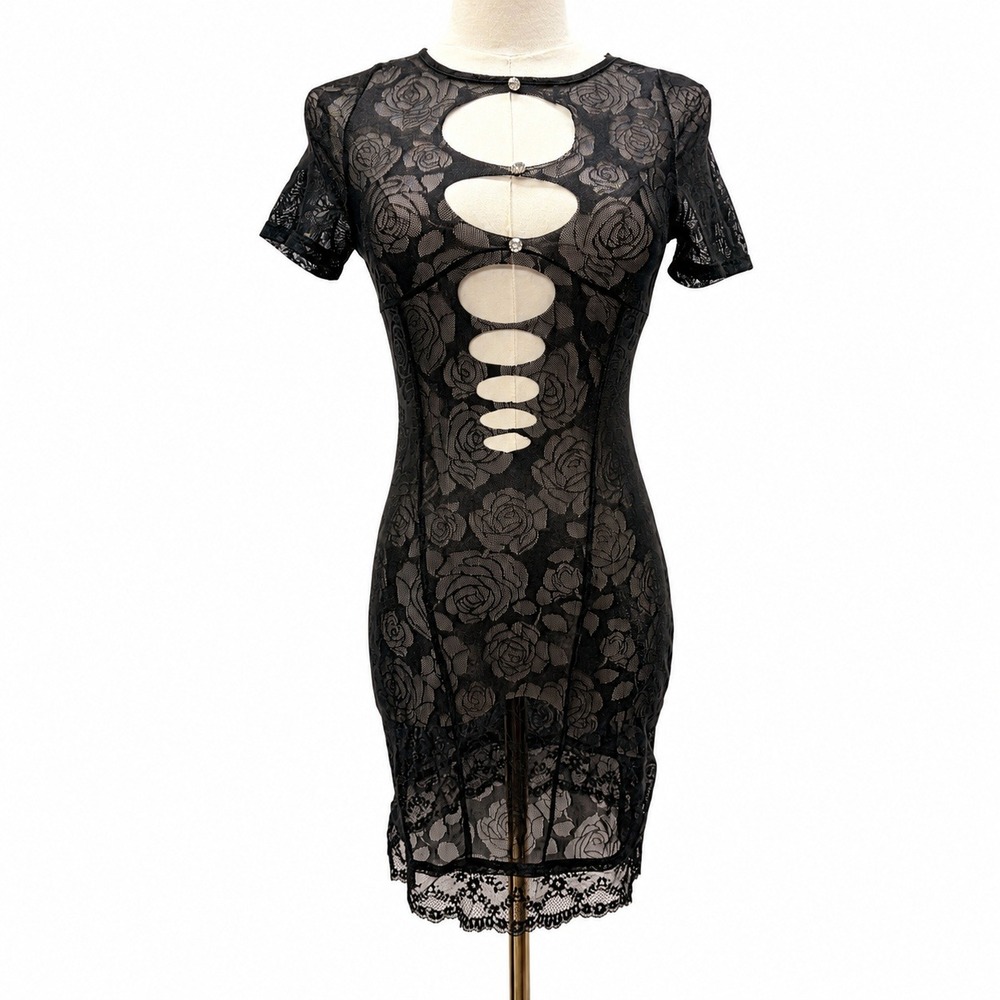 SHEIN Black Rose Mesh Cutout Dress Rhinestone Jewel Accents XS Vamp Sleaze Goth